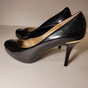 Black Patent Tahari Heels with Gold Detail